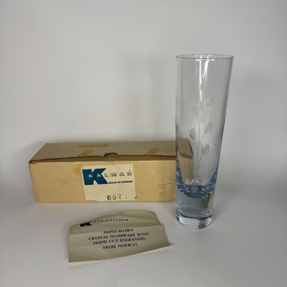 Vtg Kalmar Crystal Hand Blown Blue Glass Etched Flowers Norway Vase w Box MCM